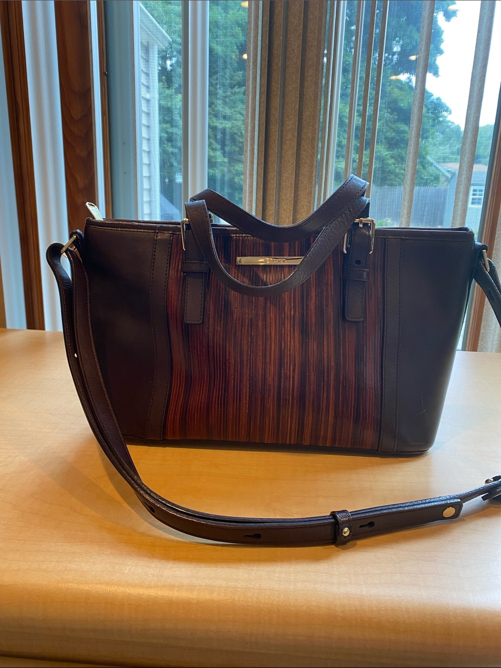BRAHMIN Leather Tote Bag with Striped Center Panel